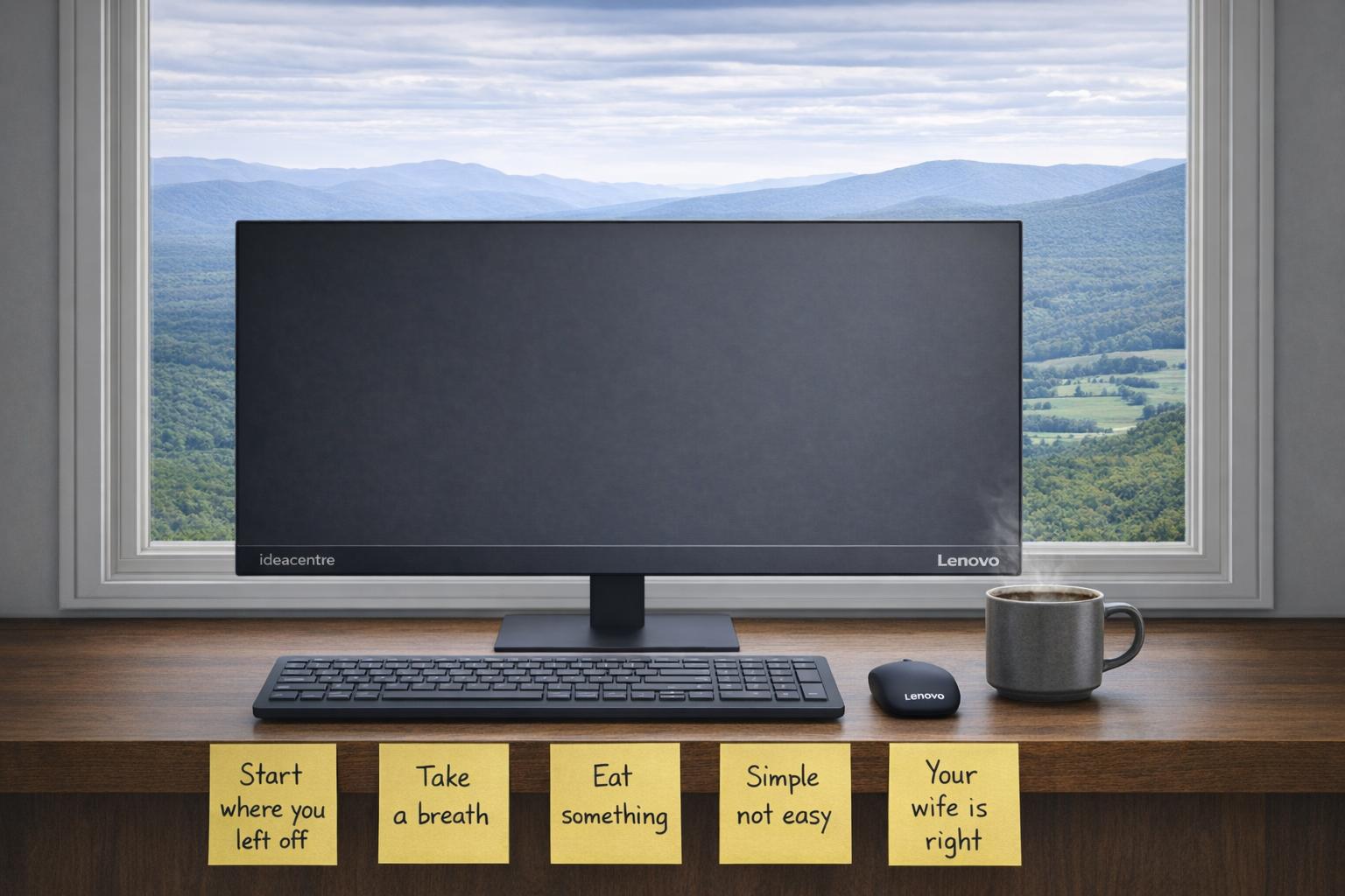 Desk workspace with a monitor in front of a window overlooking mountains